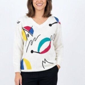 VTG 80s Extra Energy Women's White Multicolor Geo Print V-Neck LS Sweater Sz S